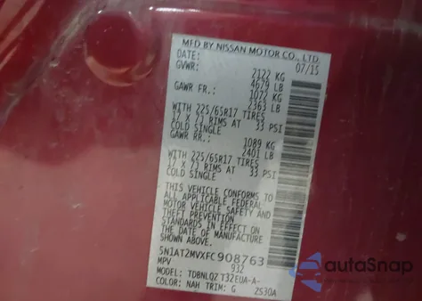 2015 Nissan Rogue Sv z USA, uszkodzony, nr VIN 5N1AT2MVXFC908763